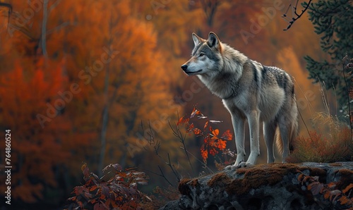 Wolf in Autumn forest with orange yellow colors in background.