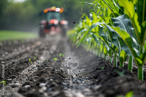 Tractor applying fertilizer to corn crops in spring