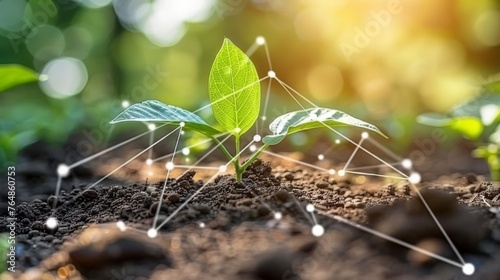 An illustration of a young bean plant on a sunny background of a digital mineral nutrient icon. Microelements for plant nutrition. Fertilization and the role of nutrients in plant growth. Plant life photo