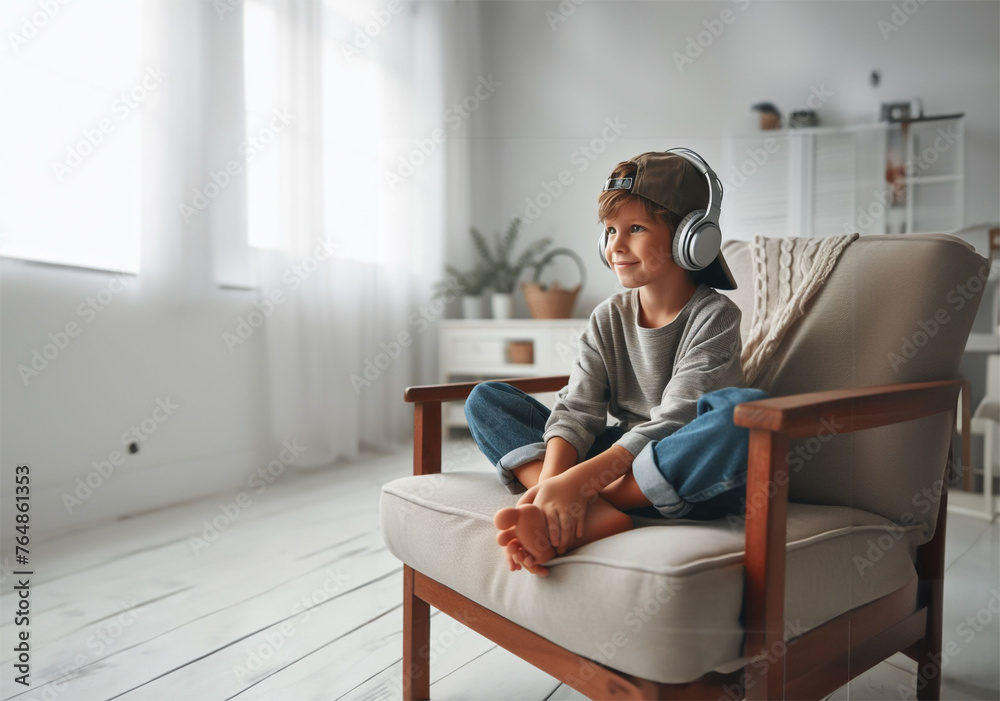 Junge Heranwachsender sitzt barfuß lächelnd auf Sessel Couch helles Wohnzimmer genießt was er hört Musik Gefühle freudig Spaß träumend Rückzug emotional Erholung glücklich geerdet ausgeglichen ruhig 