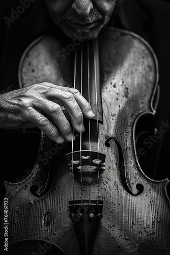 Fingers plucking the strings of a violin photo