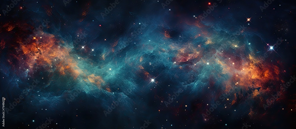 A stunning cosmic scene featuring a dark blue and orange nebula with sparkling stars in the background