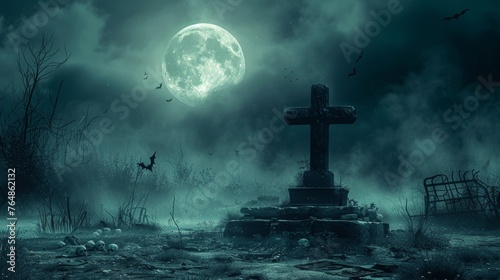 3D Illustration of Spooky Cemetery At Night With Moon In Cloudy Sky And Bats
