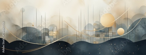 Ethereal landscape with golden orbs and fluid lines for a serene backdrop.