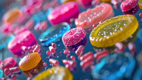 Colorful effervescent pills dissolving in water, perfect for pharmaceutical concepts. photo