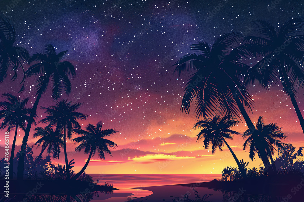 Starry Night Oasis, Palm Silhouettes Gracing a Dreamy Sunset Beach