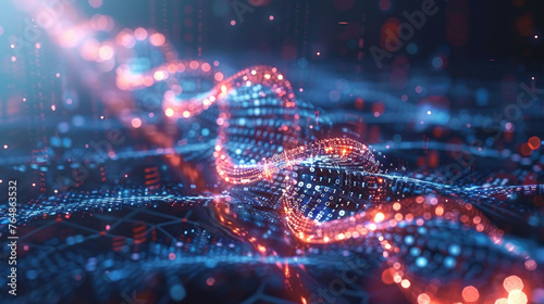  Digital network connections with glowing points on a blue technological grid.