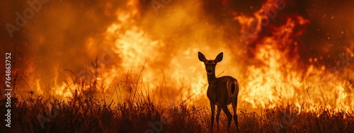 Silhouette of a deer against a dramatic backdrop of a wildfire.