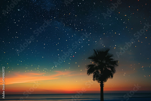 Starry Night Serenade, Lone Palm Against the Twilight Tapestry of a Cosmic Sky