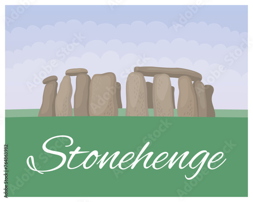 Stonehenge ancient stones monument. The famous archaeological monument in England. Hedgestone monument. Flat vector illustration. Poster and card design. 