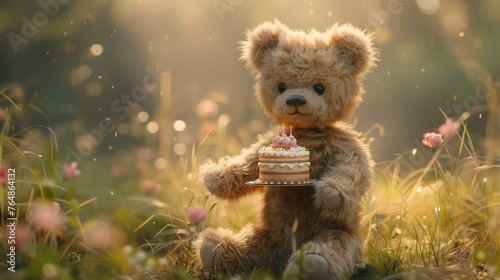 Teddy bear sitting on grass with a birthday cake in a magical sunlight setting. © Sergei