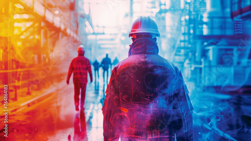 Blurred workers in reflective gear in industrial setting with blue and red hues. photo