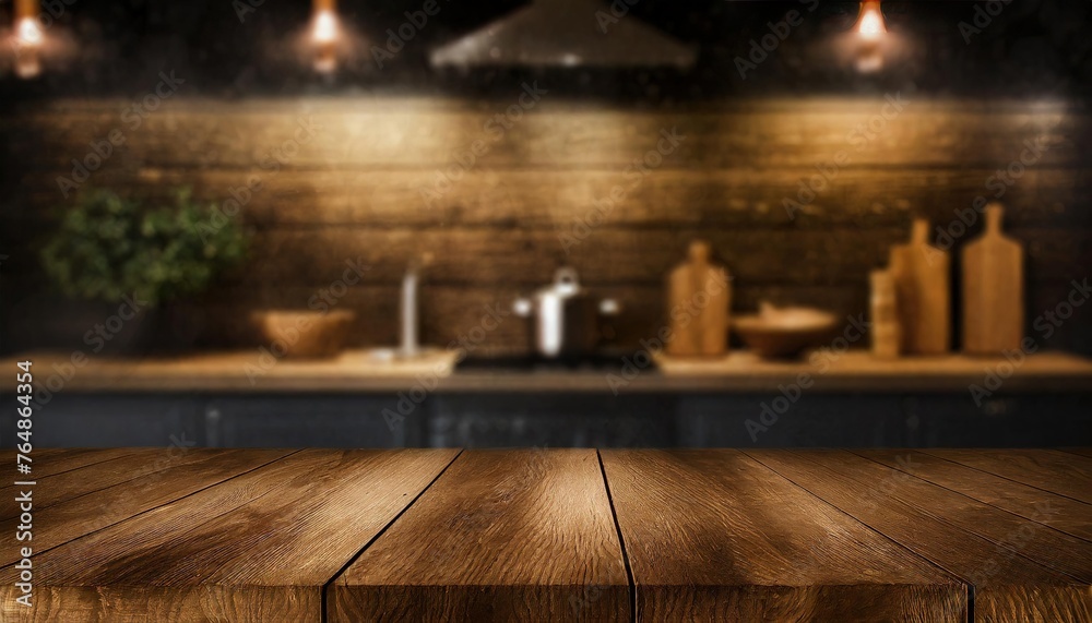 Empty wooden and blurred kitchen background for product display