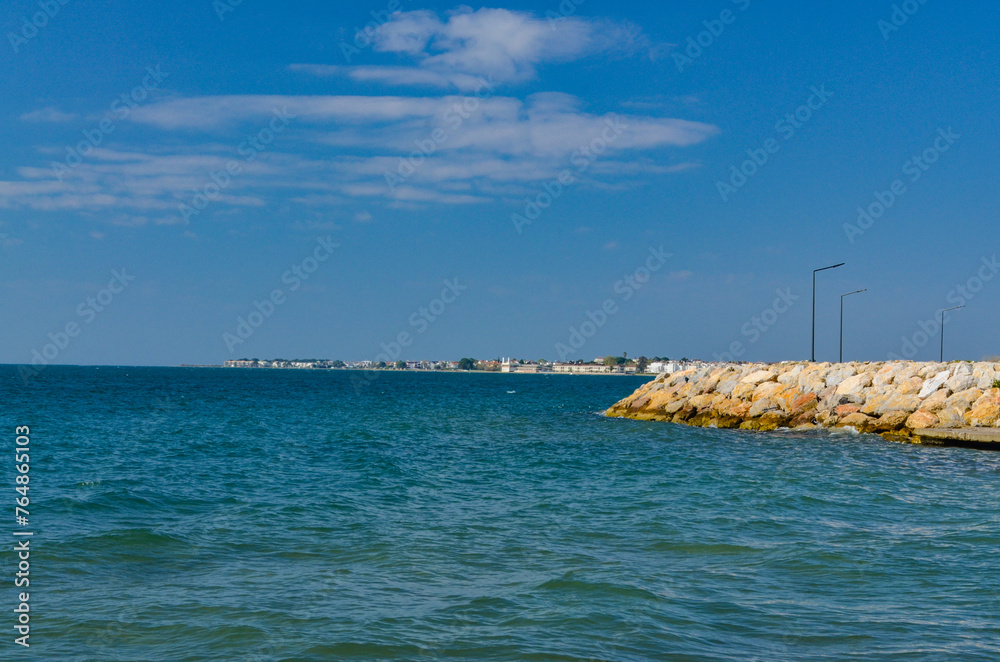 Akcay marina quay and Edremit coast of Aegean sea (Balikesir province, Turkey)