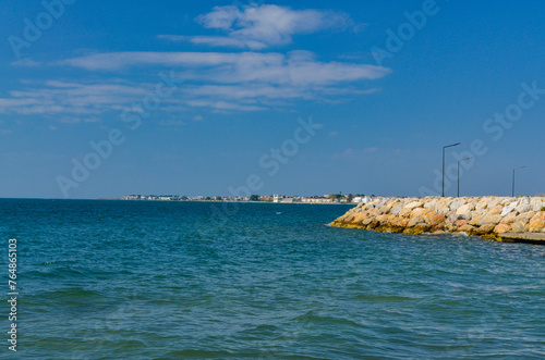Akcay marina quay and Edremit coast of Aegean sea  Balikesir province  Turkey 