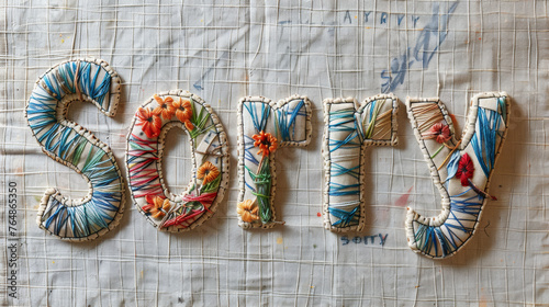  Colorful embroidered letters spelling 'SORRY' on textured fabric.