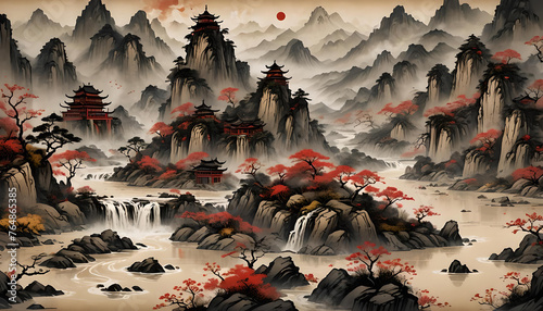alte chinesische Kalligraphie und Zeichnung von Bergen Gebirge in schwarz rot mit Bäumen und traditionellen Gebäuden Tempeln Morgenstimmung Wasserfälle Flüsse auf altem Pergament Papier Natur Asien photo
