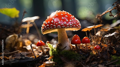 A single red Amanita Mushroom in the forest. A vibrant red Amanita mushroom stands alone amid autumn leaves on the forest floor. Generative AI.