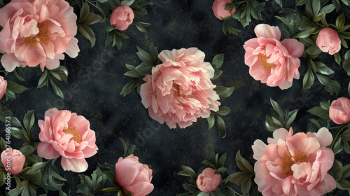 Seamless pattern with Peony flowers and leaves. Vector illustration.