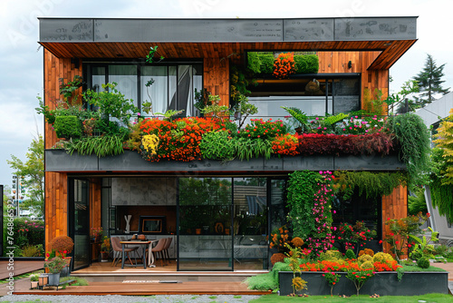 Green design of a house, vertical greening techniques, highlighting a commitment to sustainability and environmental consciousness photo