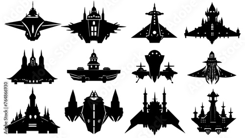 Fototapeta Naklejka Na Ścianę i Meble -  Fantasy Spaceship Silhouette Set: 12 Unique Designs