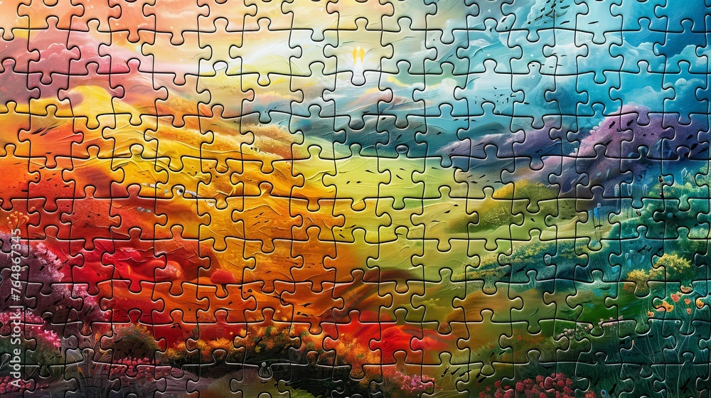 Fototapeta premium Jigsaw: A colorful jigsaw puzzle depicting a beautiful landscape