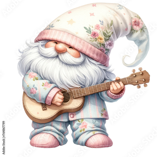 Musical Gnome with Guitar in Starry Pajamas, Watercolor Clipart Evoking Melody