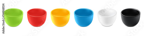 Set of colored cups for soup, empty tureen for liquid food, ceramic dishes, kitchen utensils. 