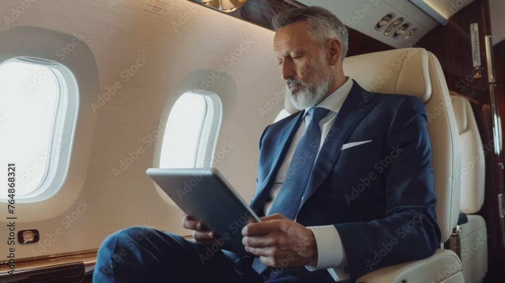 Fototapeta premium Senior businessman is using a tablet on the airplane