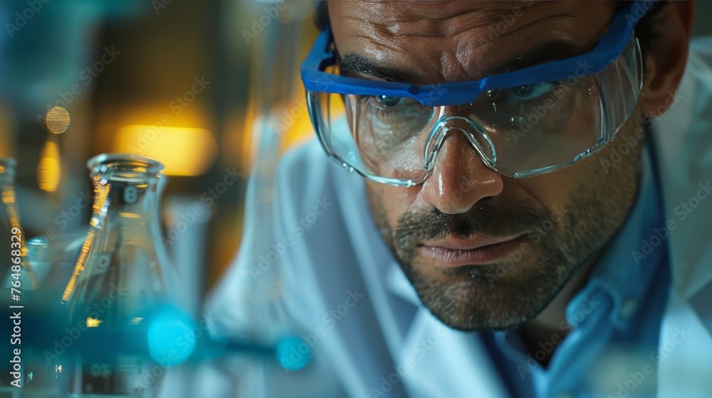 Research: A researcher in a lab coat and safety Research: A researcher in a lab coat and safety
