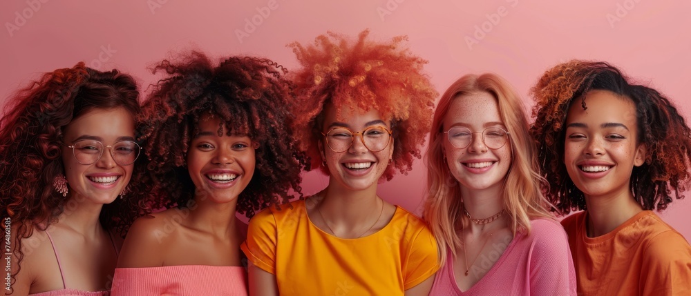 Women with different ethnicities with different skin types standing together in a pink background with Caucasian, African, and Asian races.