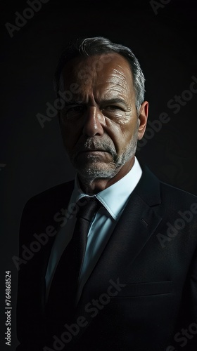 A stern-faced executive exuding authority against a sleek black backdrop.