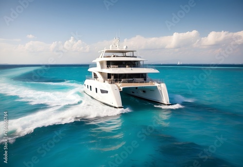 Blurred image of a luxury catamaran at sea, generative AI © Zohaib