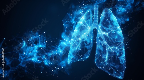 Isolated on blue background. Low poly wireframe illustration of lung illness. Concept of pulmonology and lung disease. Polygonal abstract creative illustration. Modern format.