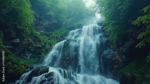 The environment: A majestic waterfall cascading down a rocky cliff