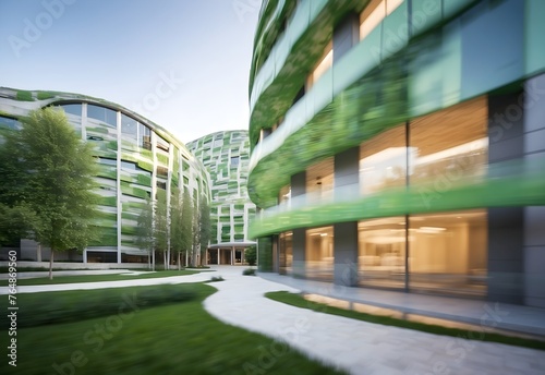 Blurred image of an eco-friendly building facade, generative AI