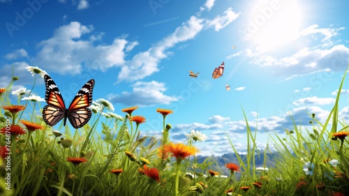 Beautiful meadow with daisies and butterfly on sky background