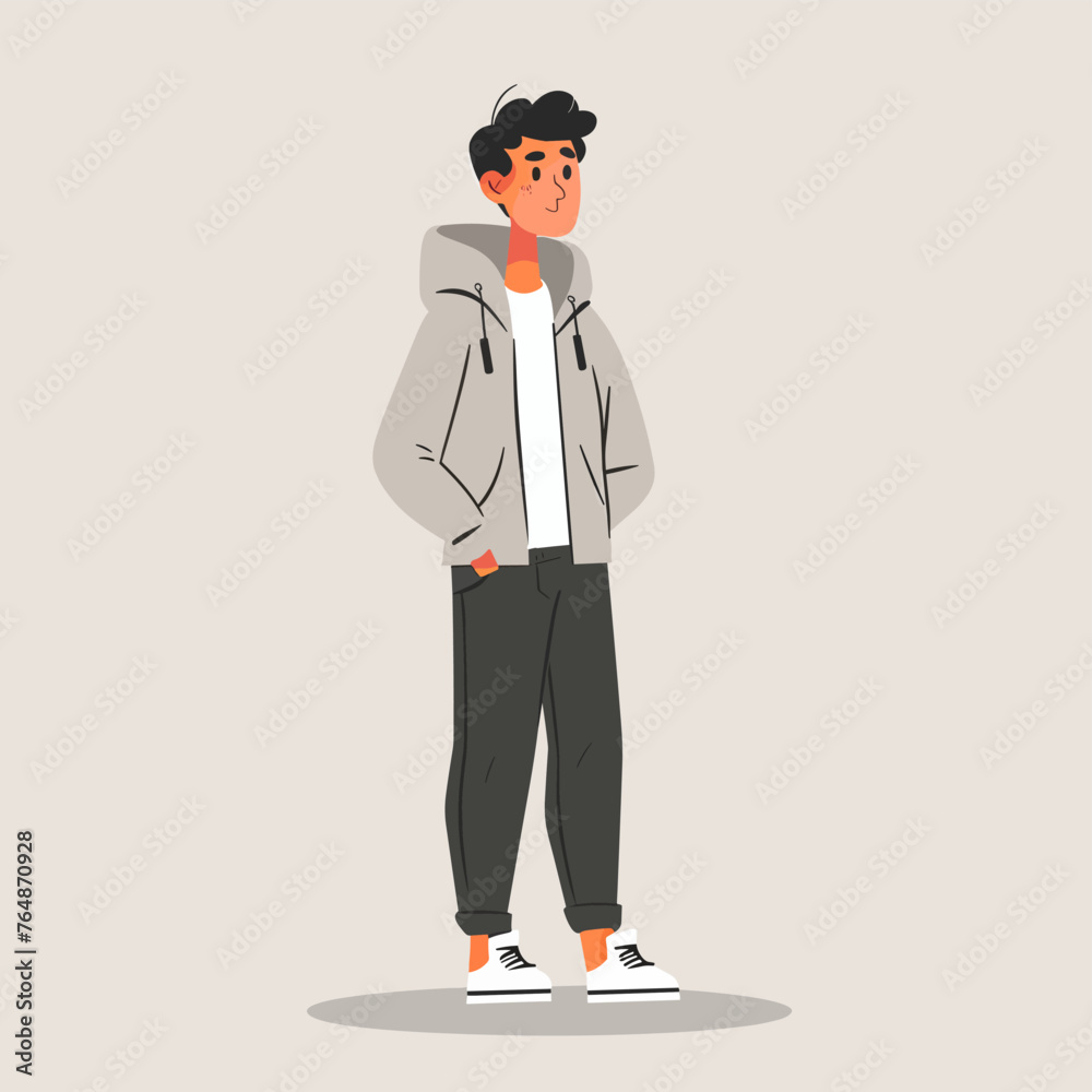 Man in a jacket and sneakers. Vector illustration in cartoon style. Man in a jacket and sneakers. Vector illustration in cartoon style.