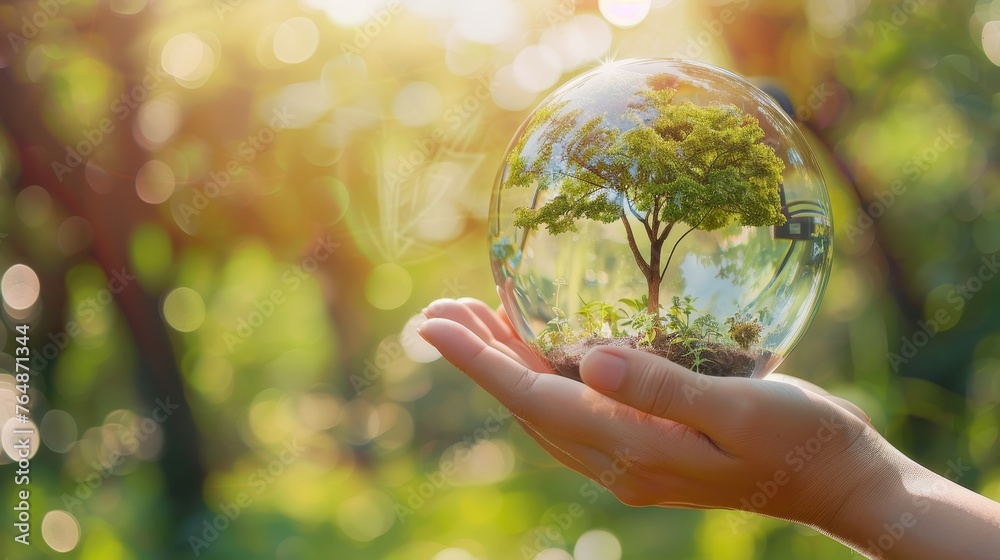 Tree growing and green nature blur background on hand-held glass globe ball. Eco concept.
