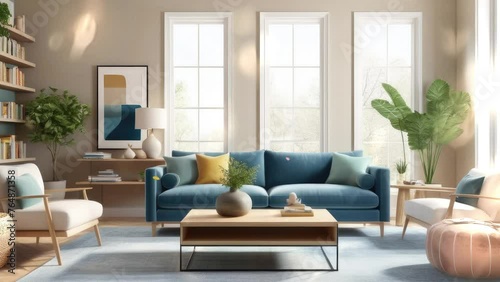 Wallpaper Mural 3D rendering. Living room interior with blue sofa. Torontodigital.ca