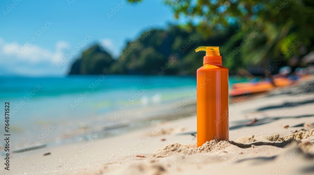 The background of an Asian beach has a sunscreen bottle on it - obrazy, fototapety, plakaty 