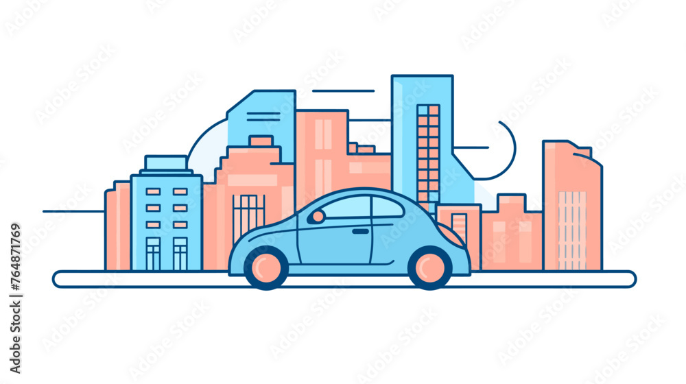 Cityscape with skyscrapers and car. Flat vector illustration.