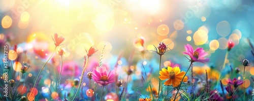 Bright and colorful wildflowers in full bloom with sunlight flares in a serene field, depicting freshness and nature's beauty