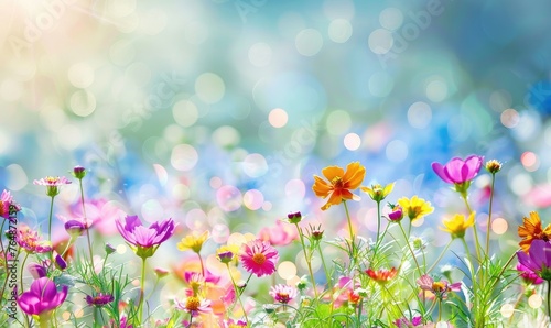 Bright and colorful wildflowers in full bloom with sunlight flares in a serene field, depicting freshness and nature's beauty © Filip