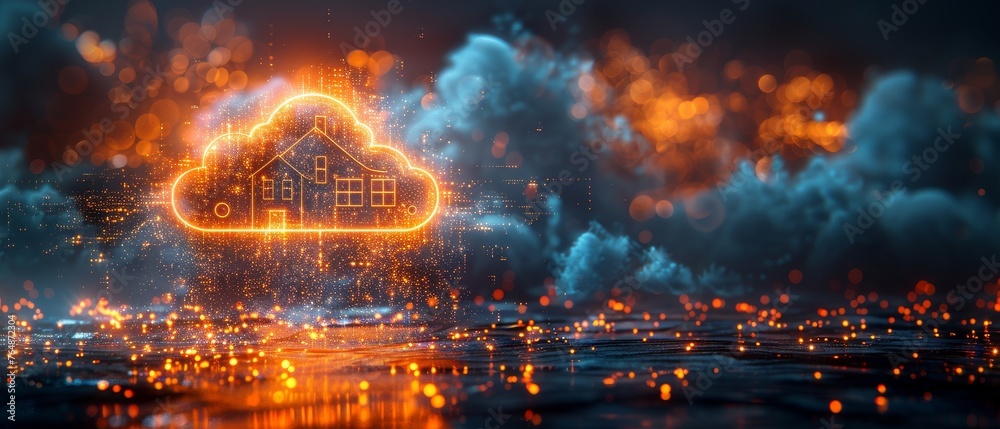 The concept banner for smart home technology. A smart home that is connected to the internet through wireless internet storage. Internet of things. Intuitive neon icon of a smart home and a cloud of
