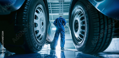 A mechanic in a blue uniform stands between two cars in a garage photo