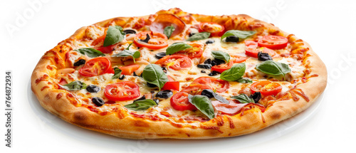 Pizza with fresh tomatoes, olives and basil isolated in white background.