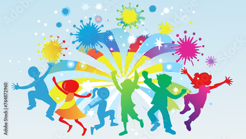 Vibrant Celebration: Kids Jumping with Colorful Fireworks on Blue Background