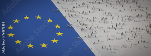 Refugees illegally cross the border into Europe. With the European flag.