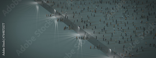 Refugees illegally break through a border at night. Aerial View.
